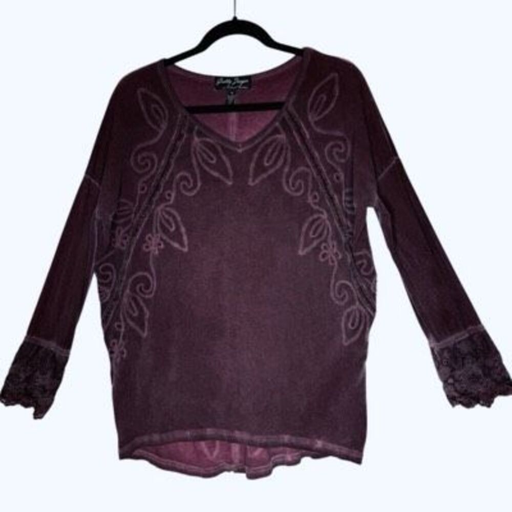 Vintage Gretty Zueger Top Burgundy Embroidered Lace Trim High Low T Size S Boho